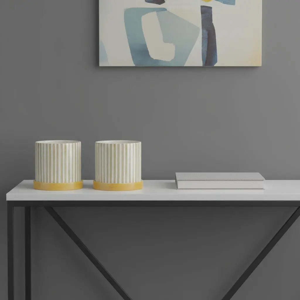 Set of Two Yellow And White Ceramic 2 Ounce Striped Round Pot Planters Homeroots Home Decor