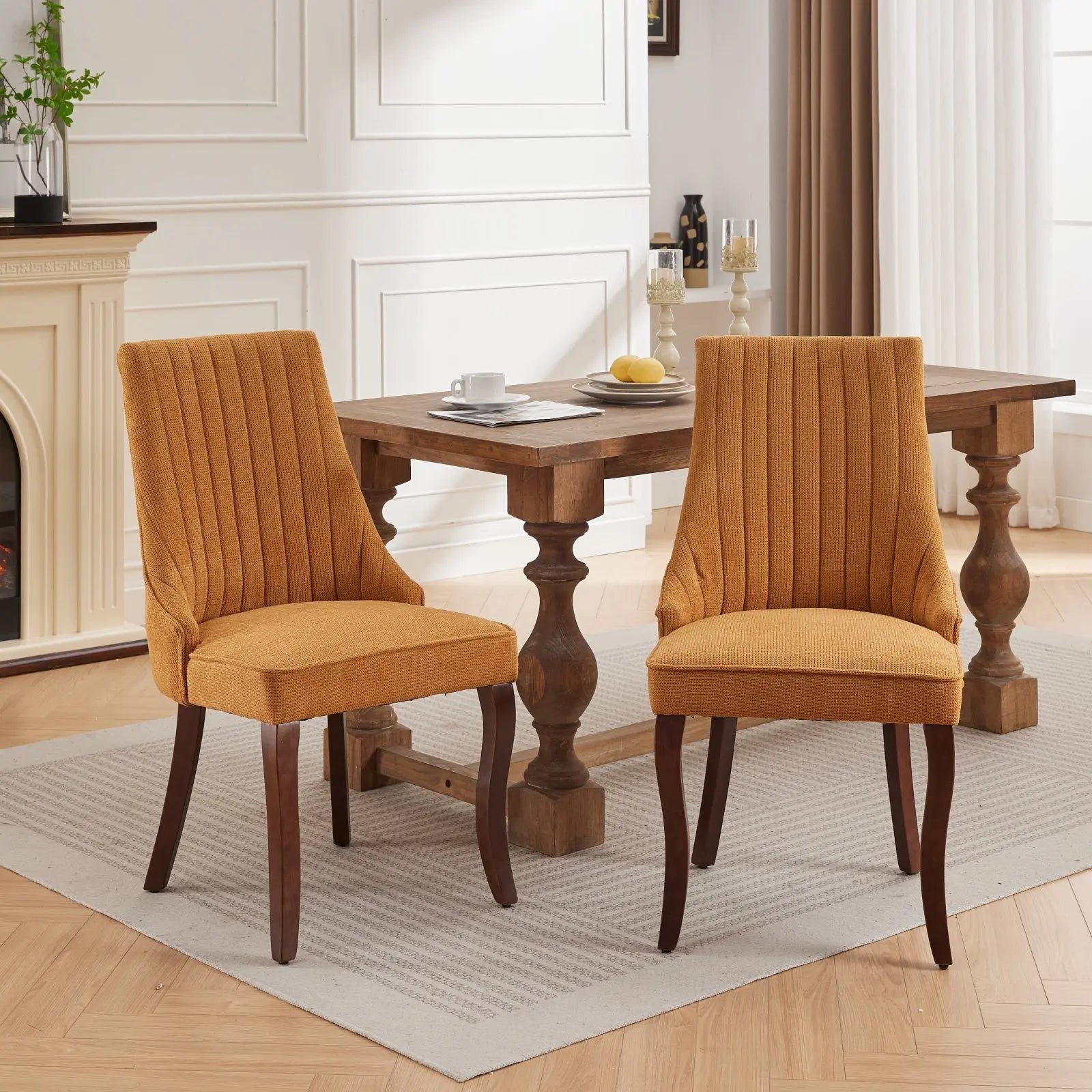 Set of Two Yellow and Brown Tufted Solid Wood Dining Side Chairs Homeroots Kitchen & Dining