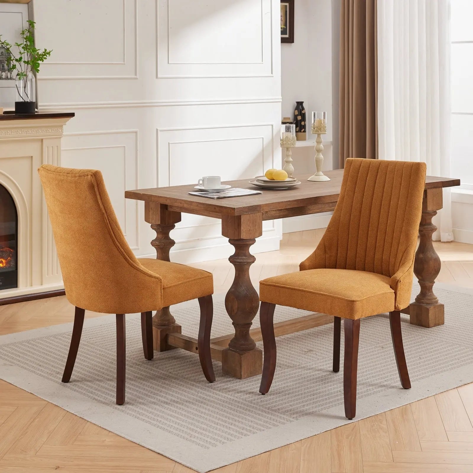 Set of Two Yellow and Brown Tufted Solid Wood Dining Side Chairs Homeroots Kitchen & Dining