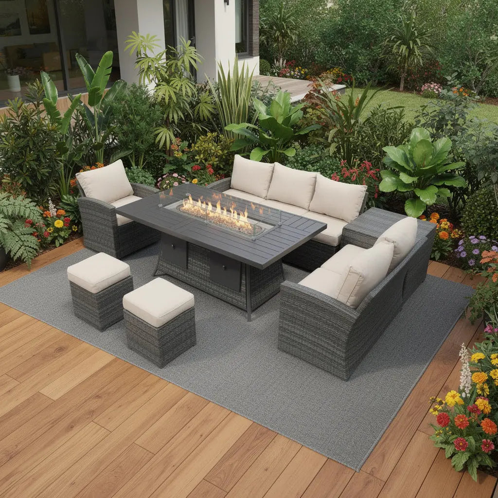 Seven Piece Brown Wicker Upholstered Cushions Sectional Seating Group With Fire Pit And Table Homeroots Outdoor
