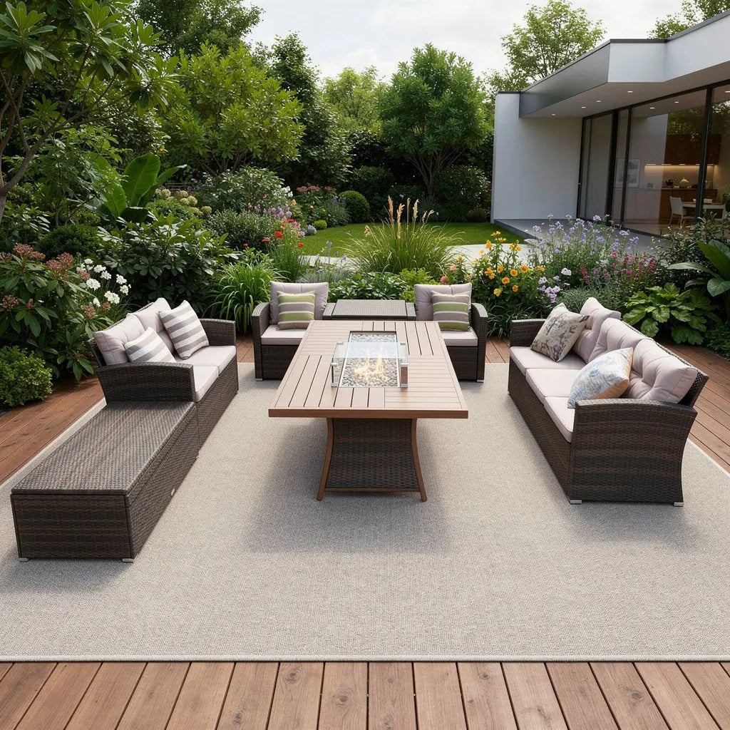 Seven Piece Brown and Gray Wicker Sectional Seating Group With Fire Pit And Table Homeroots Outdoor