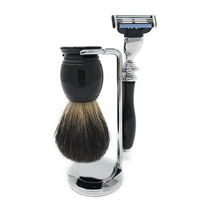 Black shaving brush and razor set with chrome stand, featuring a sleek modern design and premium materials.
