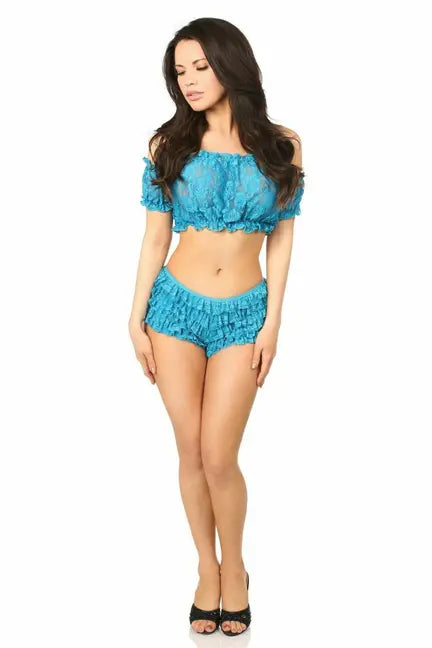 Turquoise lace crop top and ruffled shorts set, perfect for summer, showcasing a stylish off-shoulder design.