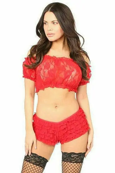 Red lace off-shoulder crop top and ruffled shorts lingerie set with black fishnet stockings. Perfect for romantic occasions.