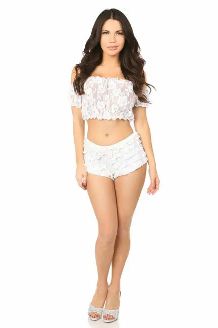 White lace off-the-shoulder crop top and ruffled shorts set, perfect for summer outfits or beachwear.