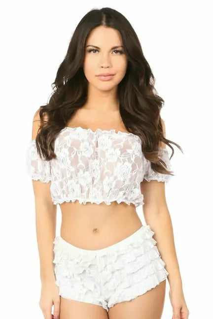 White lace off-shoulder crop top with ruffle details, perfect for summer style. Elegant and feminine design.