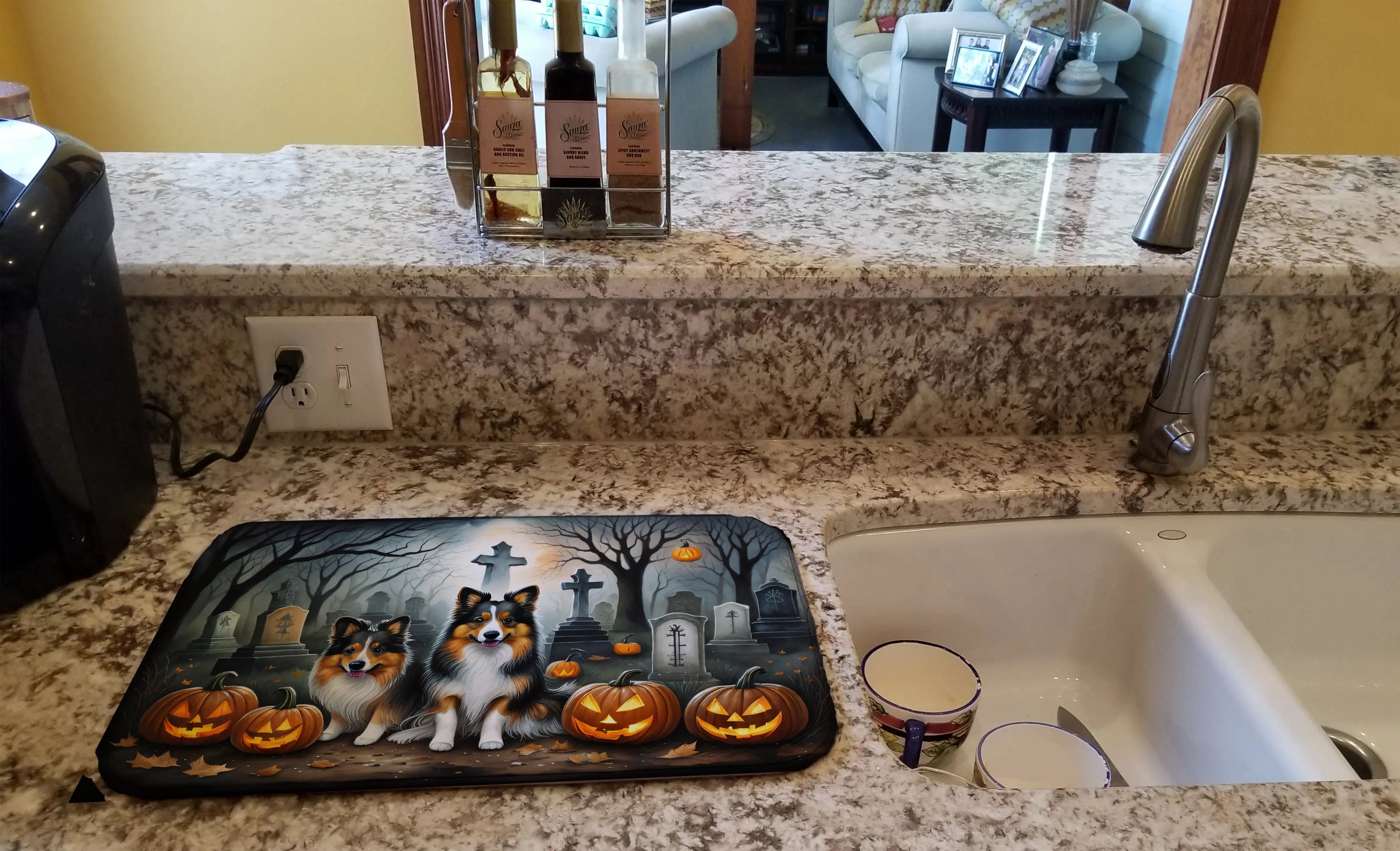 Sheltie Spooky Halloween Dish Drying Mat Caroline's Treasures