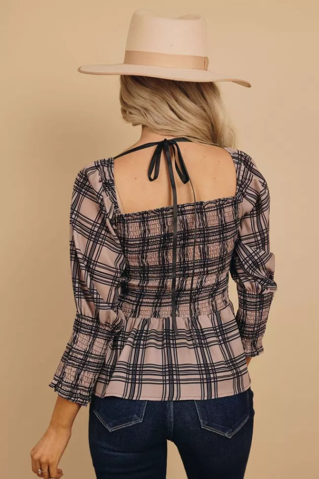 Shirley Plaid Puff Sleeve Top Stay Warm in Style