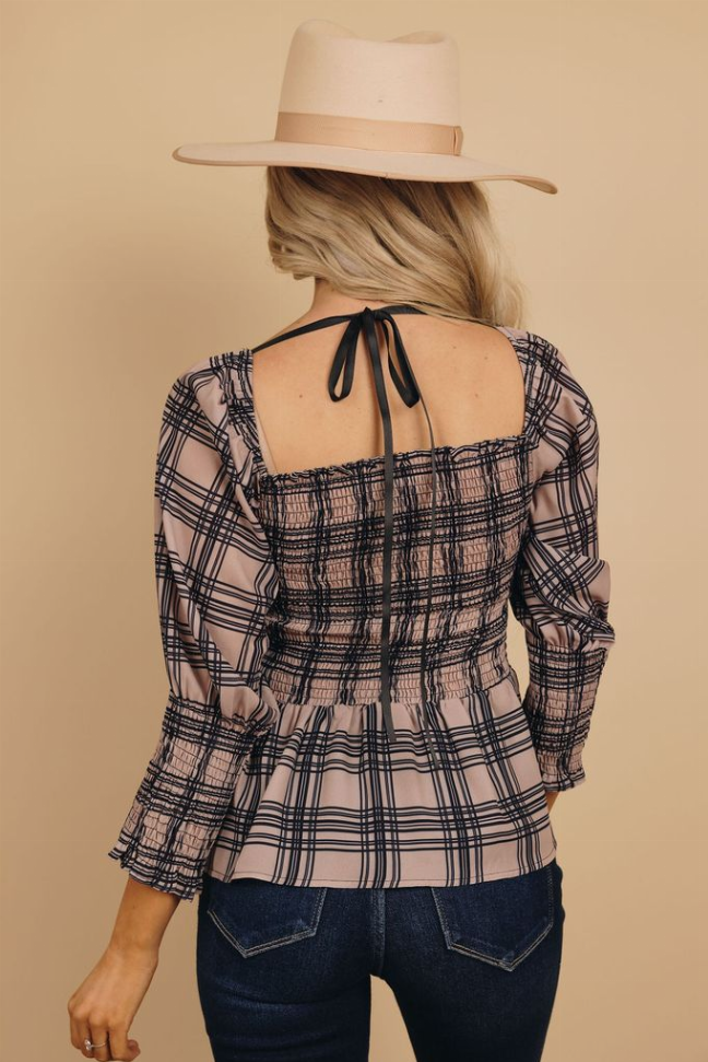 Shirley Plaid Puff Sleeve Top Stay Warm in Style