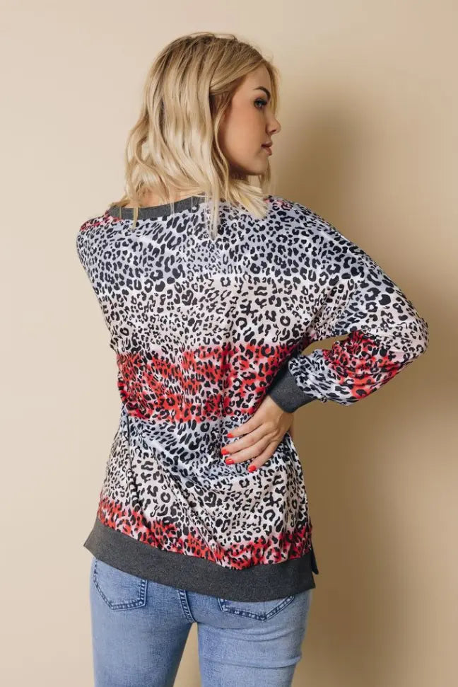 Shonda Leopard Color Block Top Stay Warm in Style