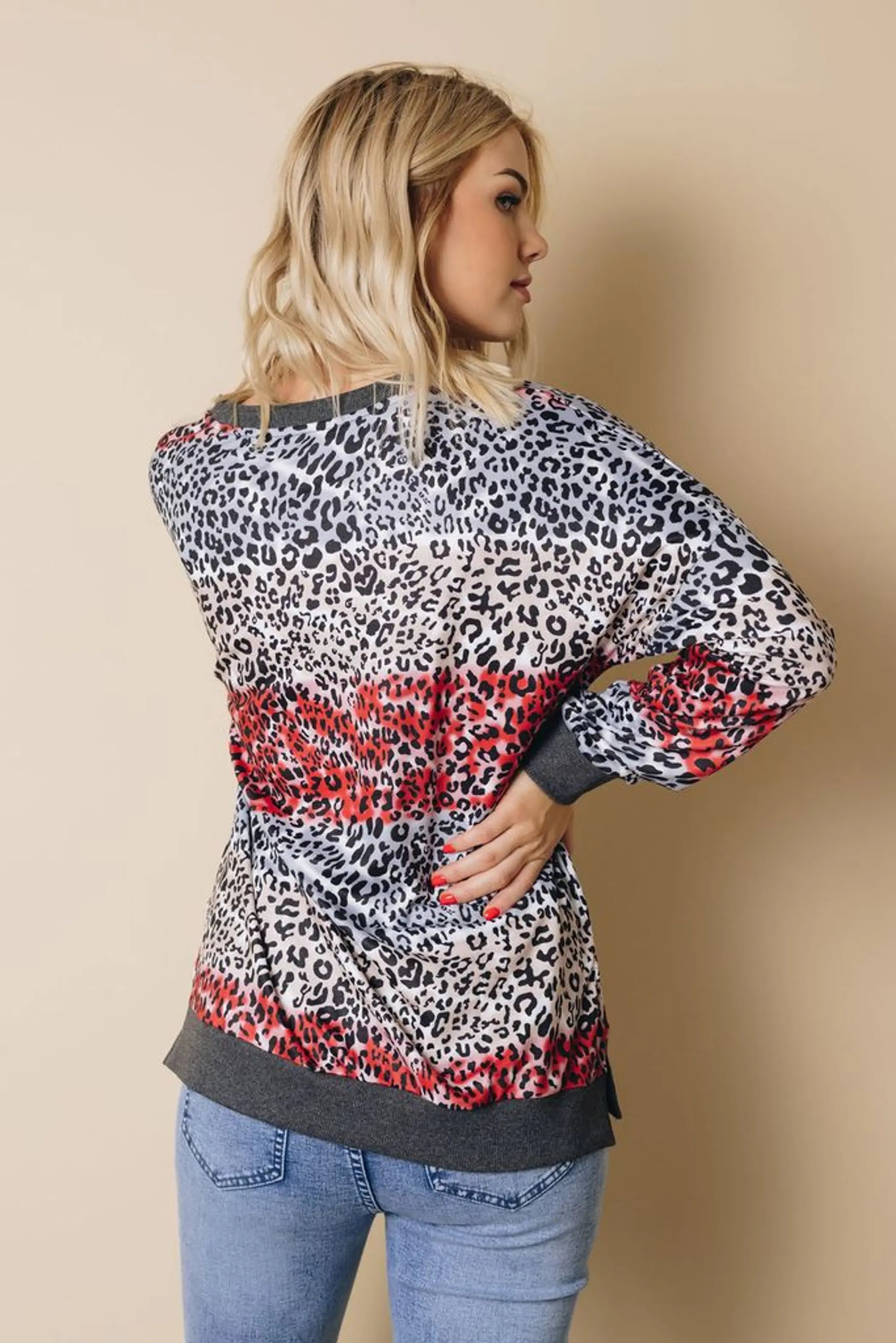 Shonda Leopard Color Block Top Stay Warm in Style