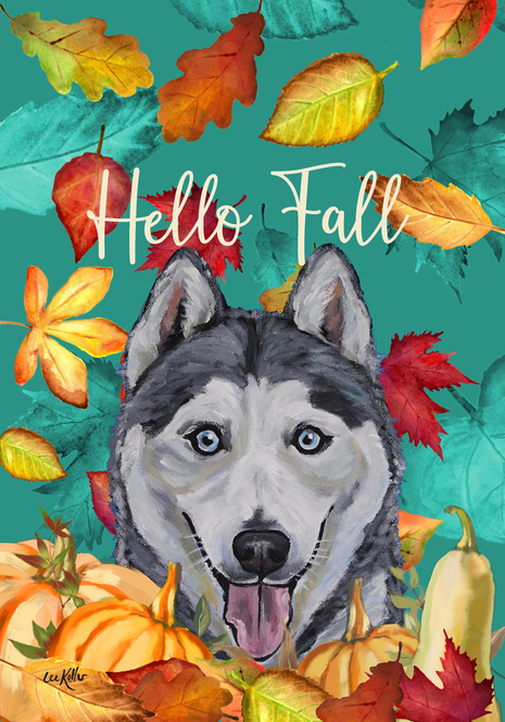 Siberian Husky - Hippie Hound Studios Fall Leaves  House and Garden Flags Best of Breed