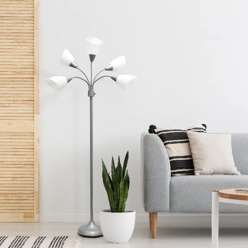 Simple Designs 5 Light Adjustable Gooseneck Silver Floor Lamp with White Shades All The Rages, Inc.