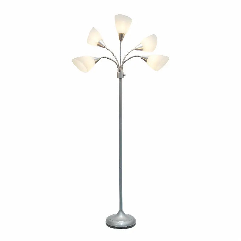 Simple Designs 5 Light Adjustable Gooseneck Silver Floor Lamp with White Shades All The Rages, Inc.