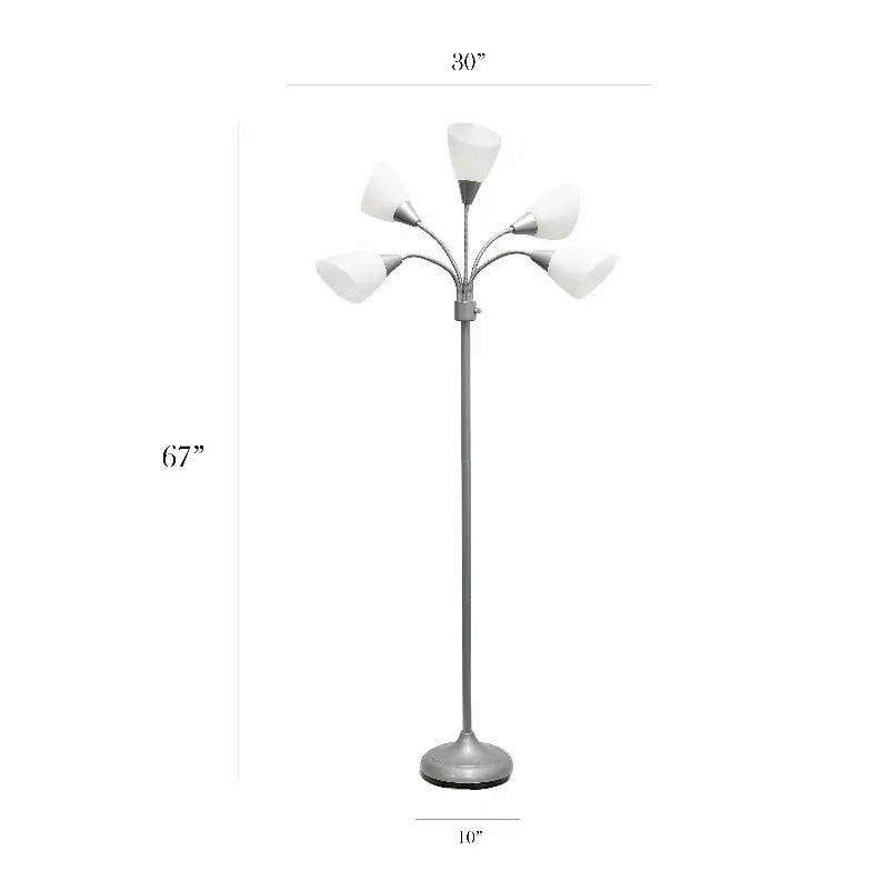 Simple Designs 5 Light Adjustable Gooseneck Silver Floor Lamp with White Shades All The Rages, Inc.