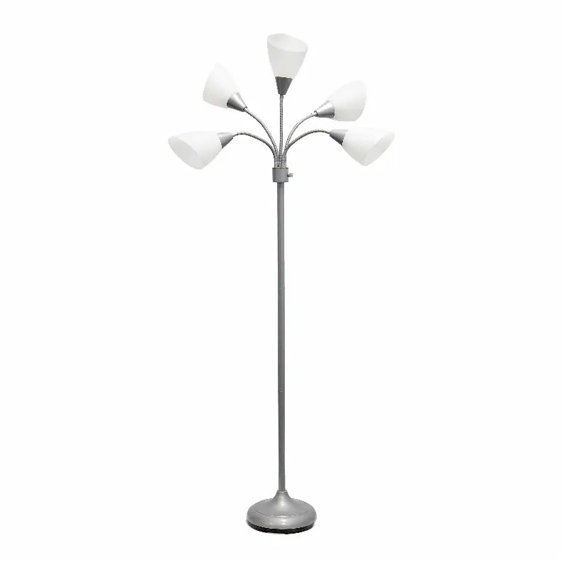 Simple Designs 5 Light Adjustable Gooseneck Silver Floor Lamp with White Shades All The Rages, Inc.