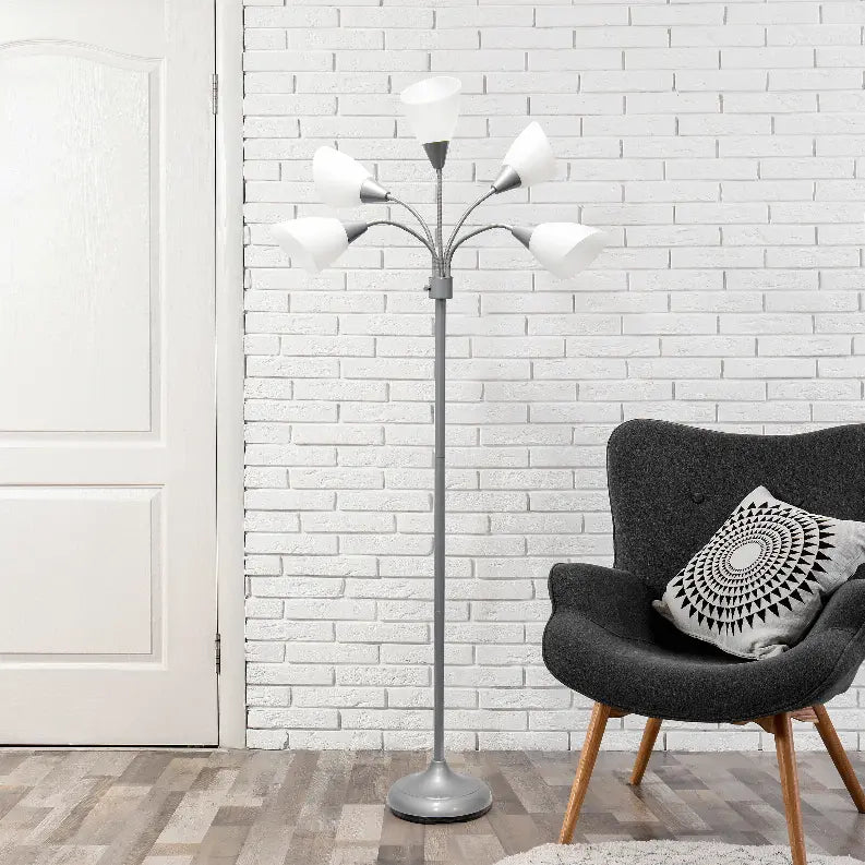 Simple Designs 5 Light Adjustable Gooseneck Silver Floor Lamp with White Shades All The Rages, Inc.