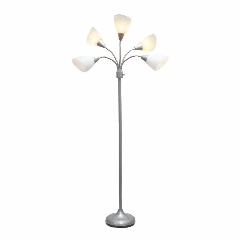 Simple Designs 5 Light Adjustable Gooseneck Silver Floor Lamp with White Shades All The Rages, Inc.