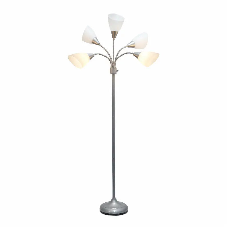 Simple Designs 5 Light Adjustable Gooseneck Silver Floor Lamp with White Shades All The Rages, Inc.