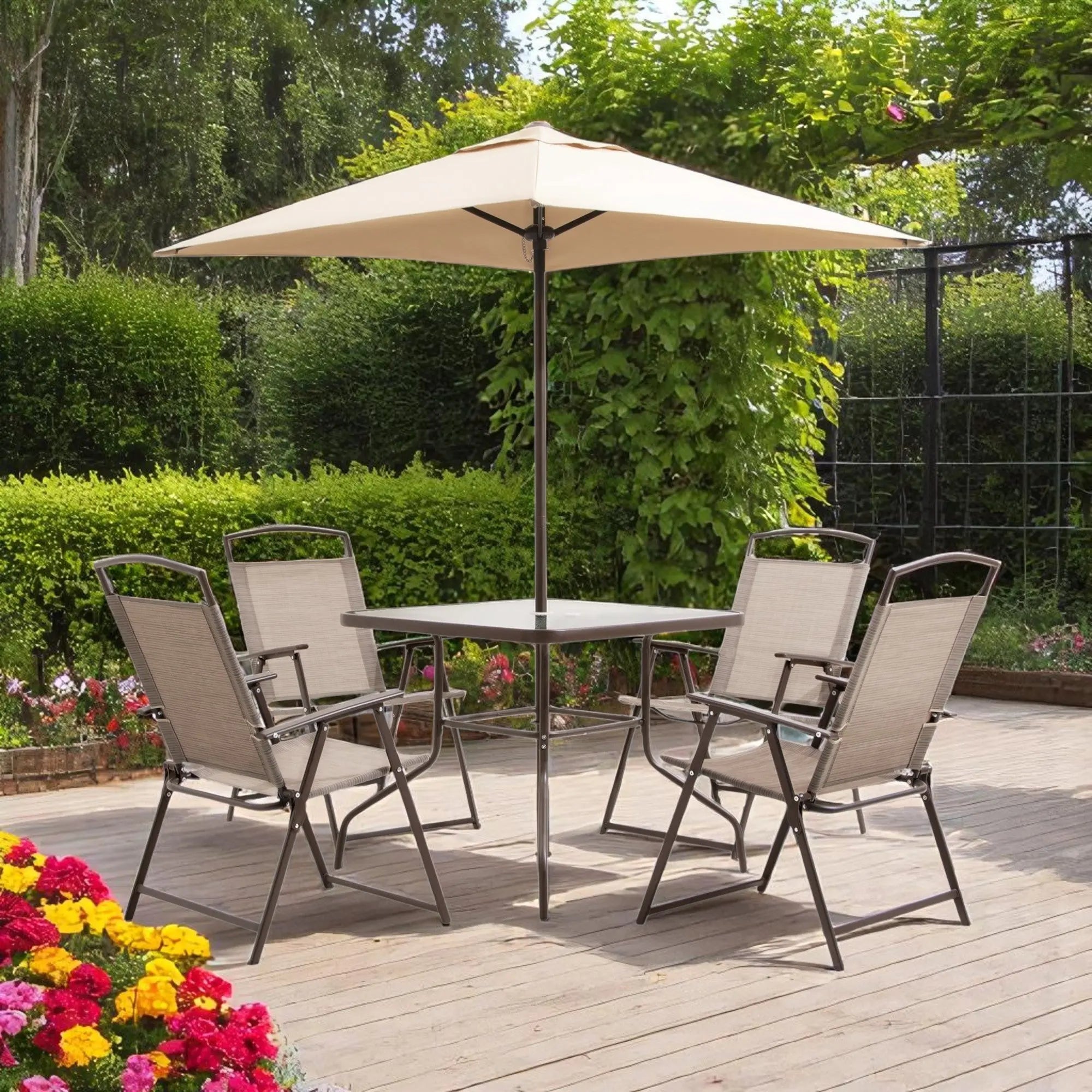 Six Piece Clear and Brown Square Glass Dining Set with Four Chairs Homeroots Outdoor