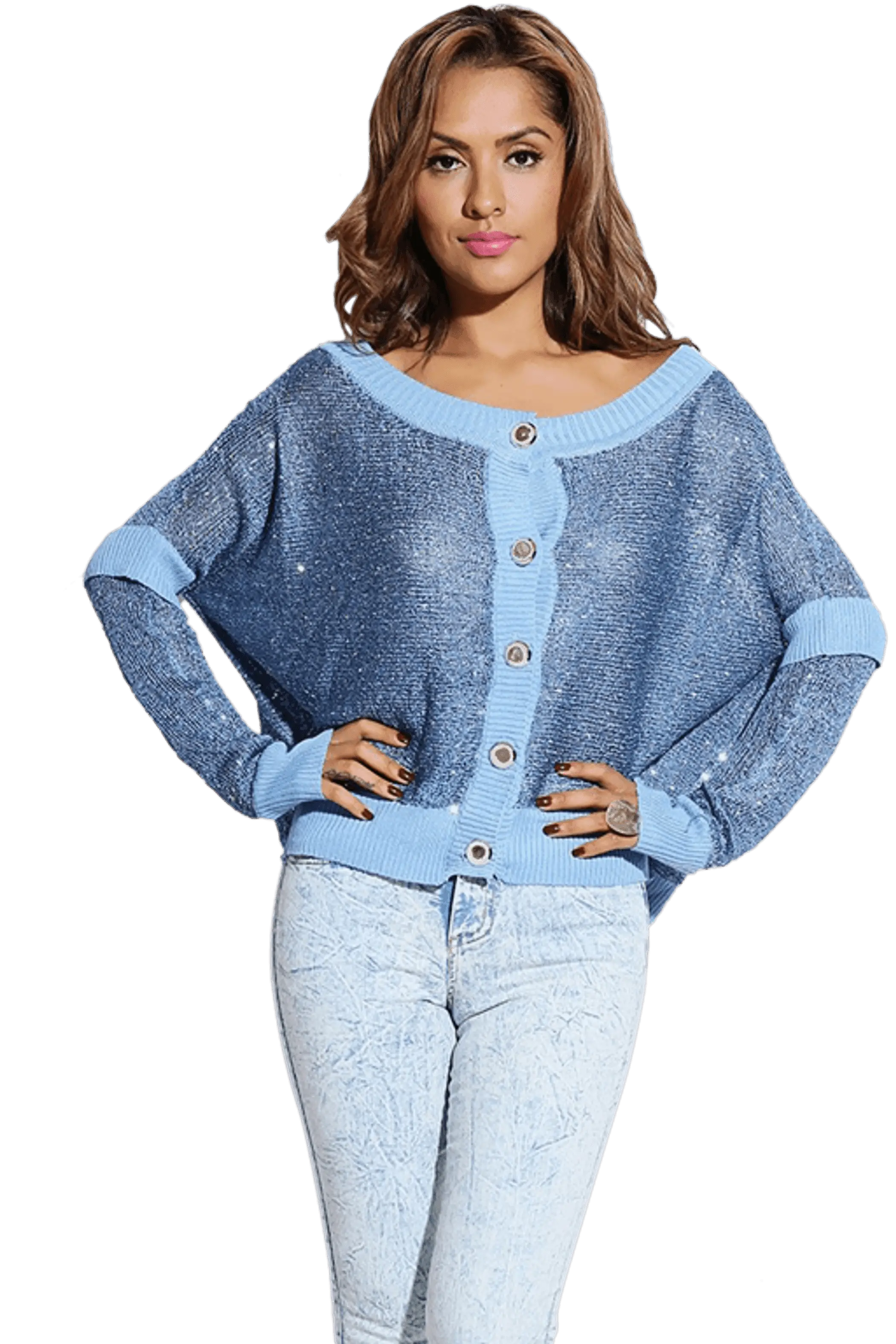 Sky Blue Silver Sequined Open Knit Sweater Cardigan SurelyMine