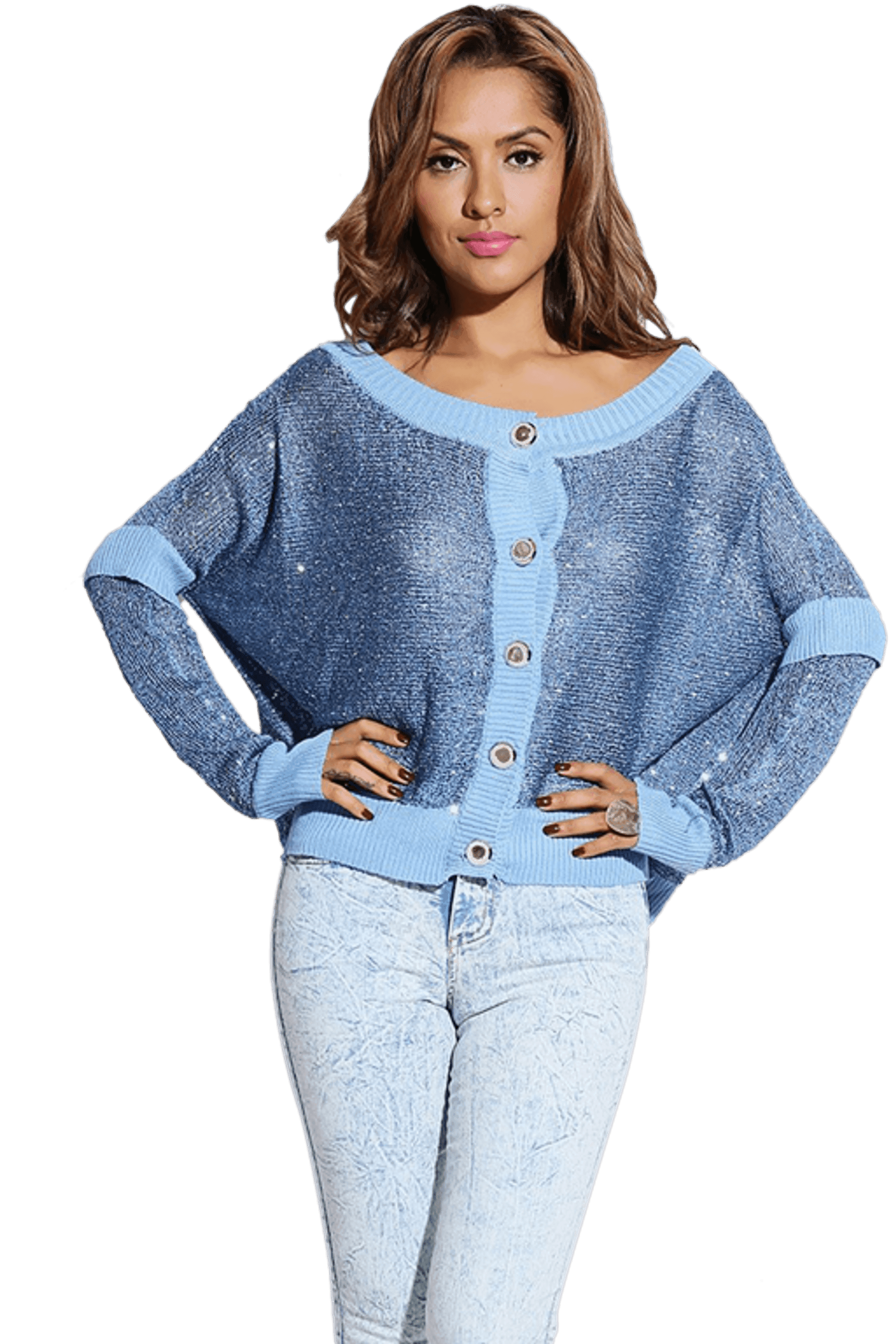 Sky Blue Silver Sequined Open Knit Sweater Cardigan SurelyMine