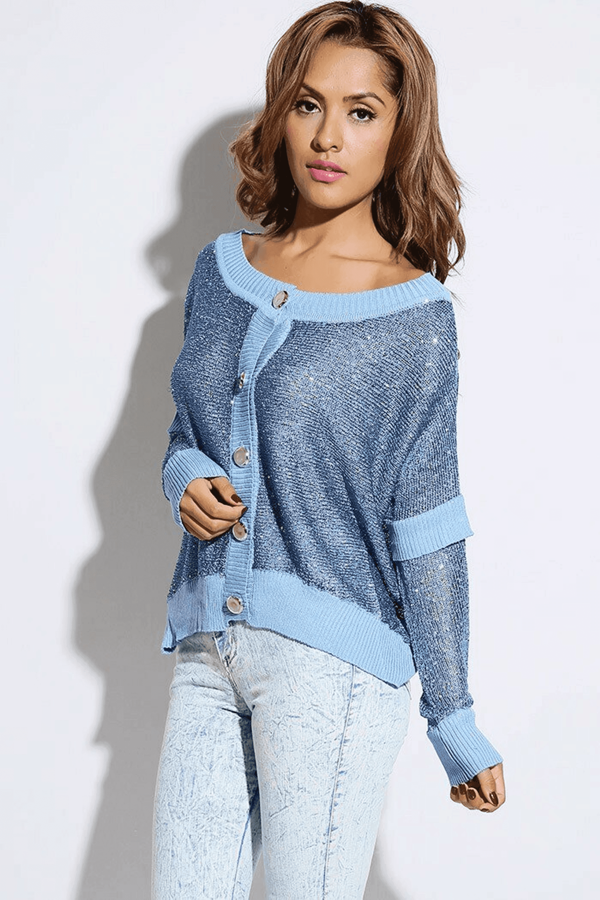Sky Blue Silver Sequined Open Knit Sweater Cardigan SurelyMine