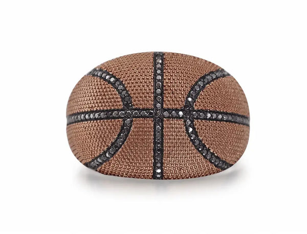 Slam Dunk Basketball Brown Rhodium Plated Sterling Silver Black Diamond Ring Luv My Jewelry