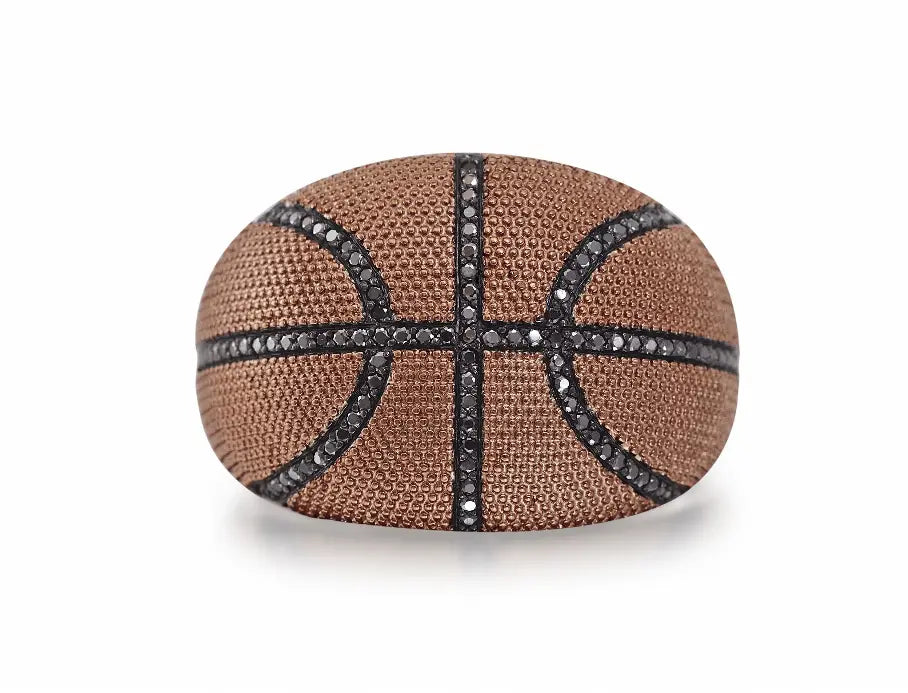 Slam Dunk Basketball Brown Rhodium Plated Sterling Silver Black Diamond Ring Luv My Jewelry