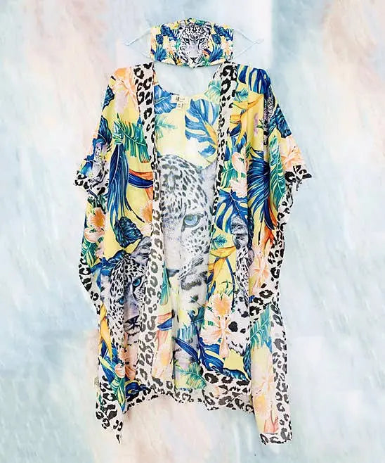 Snow Leopard Kimono with Mask Set (2 Pieces) JC Sunny Fashion