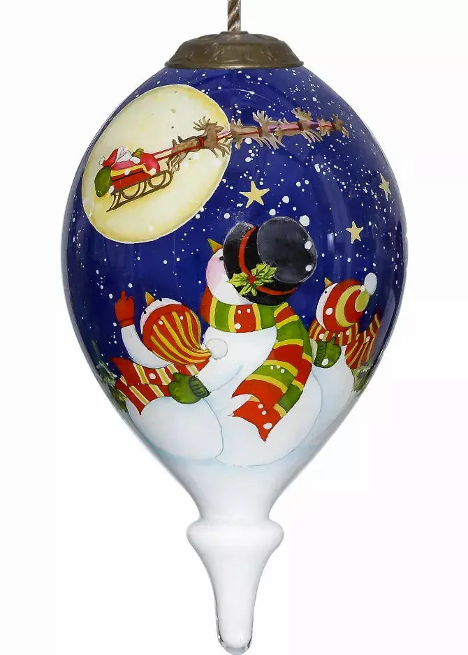Snowman watching  Santa with Sleigh Hand Painted Glass Ornament Inner Beauty Gifts