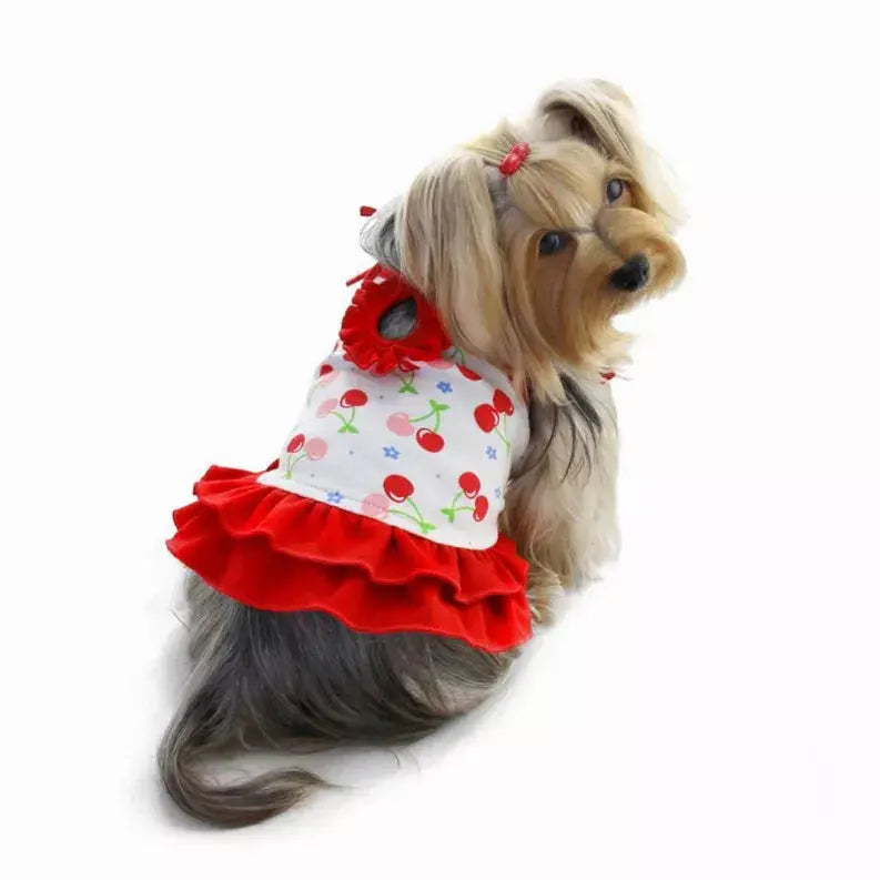 Soft Knit Cotton Cherries Dress with Shoulder Ties Klippo Pet
