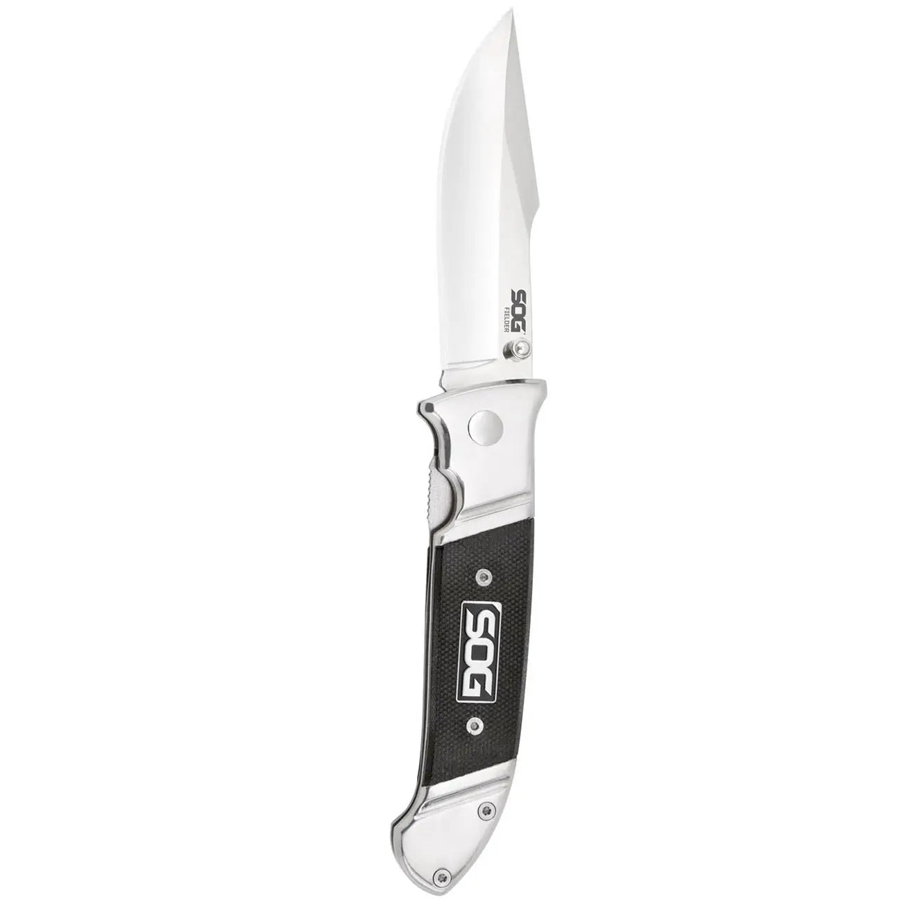 Sog Fielder Folding Knife 3.3" Satin Clip Point Blade Black G10 Handles SOG