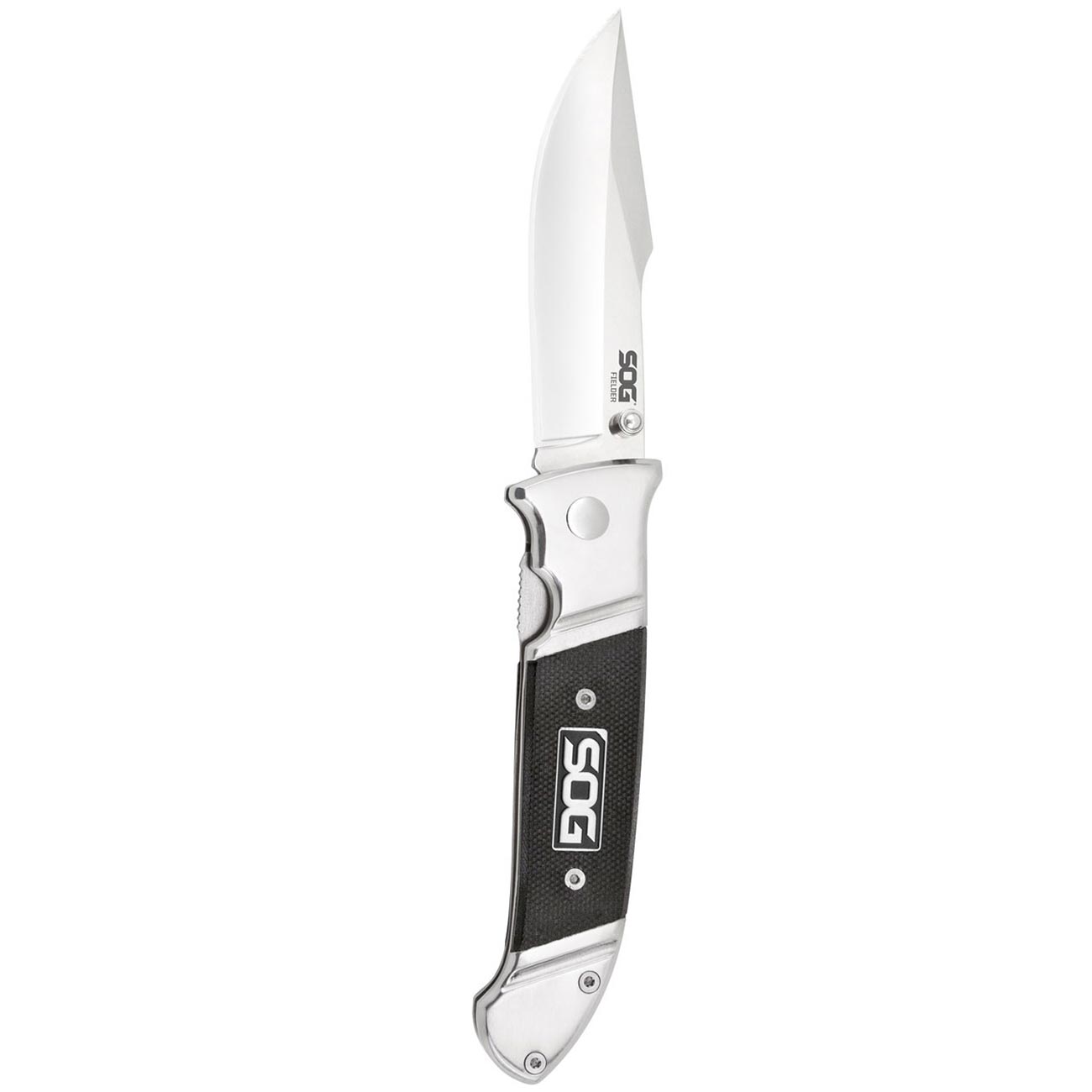 Sog Fielder Folding Knife 3.3" Satin Clip Point Blade Black G10 Handles SOG
