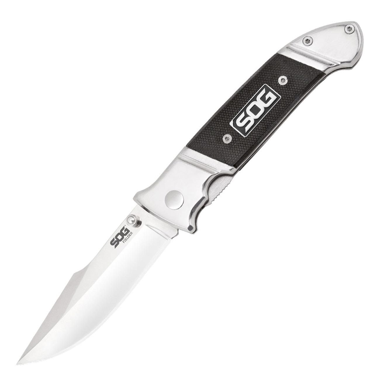 Sog Fielder Folding Knife 3.3" Satin Clip Point Blade Black G10 Handles SOG