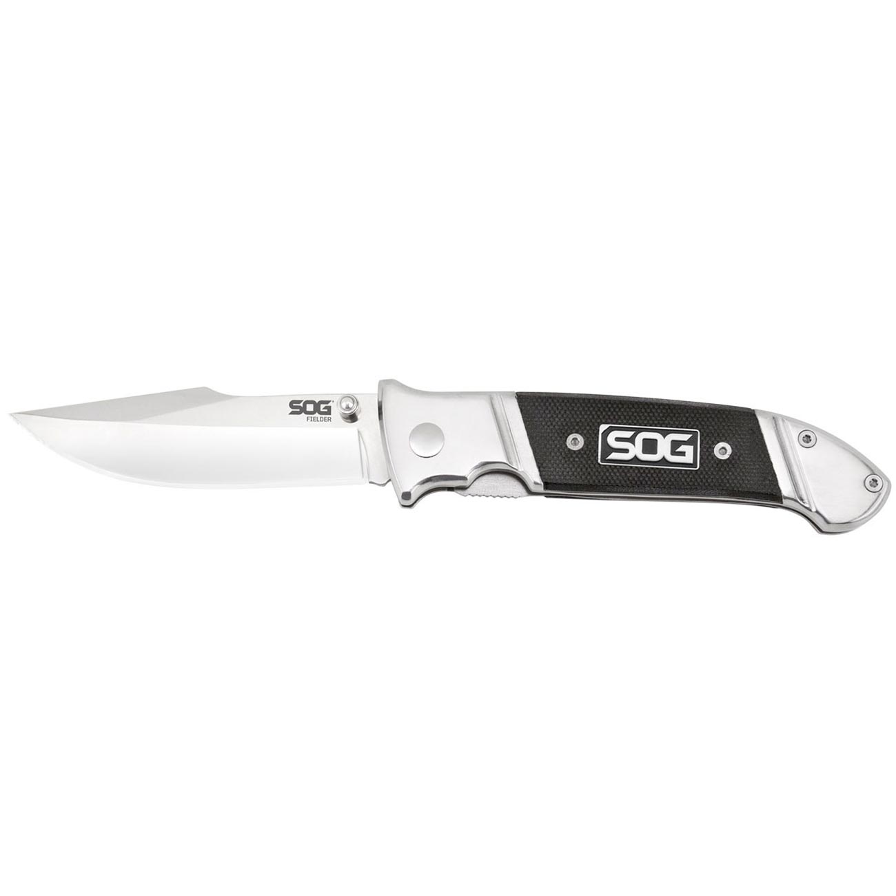 Sog Fielder Folding Knife 3.3" Satin Clip Point Blade Black G10 Handles SOG