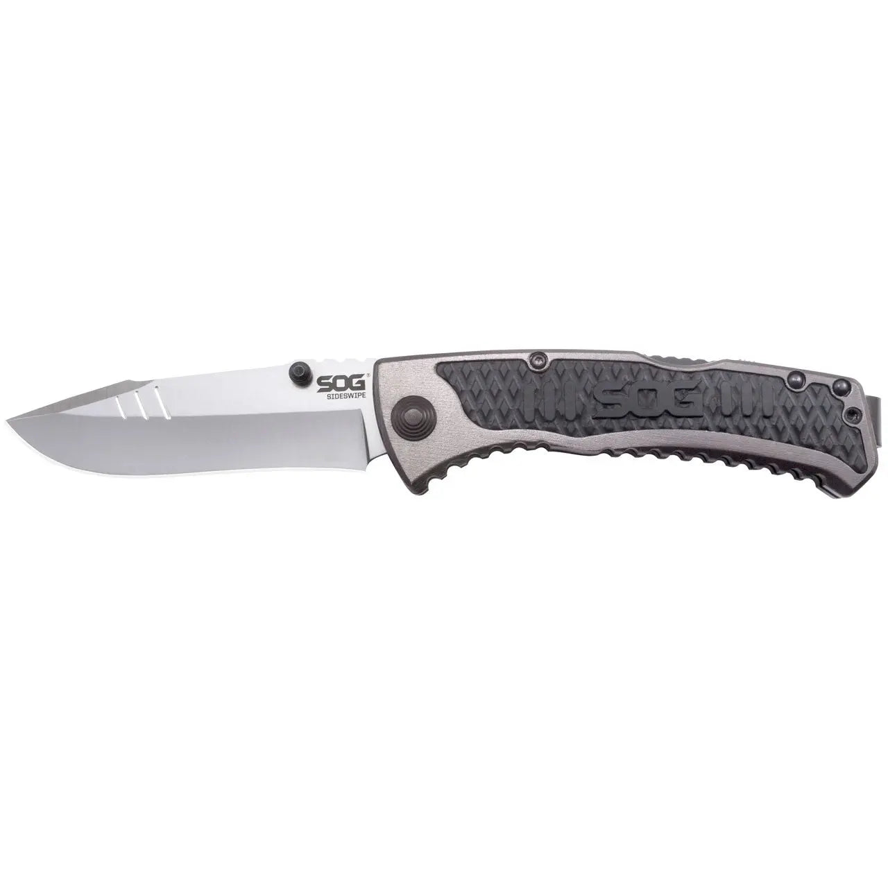 Sog Sideswipe Assisted Folding Knife 3.4" Clip Point Blade Aluminum Handles With Grn Inserts SOG