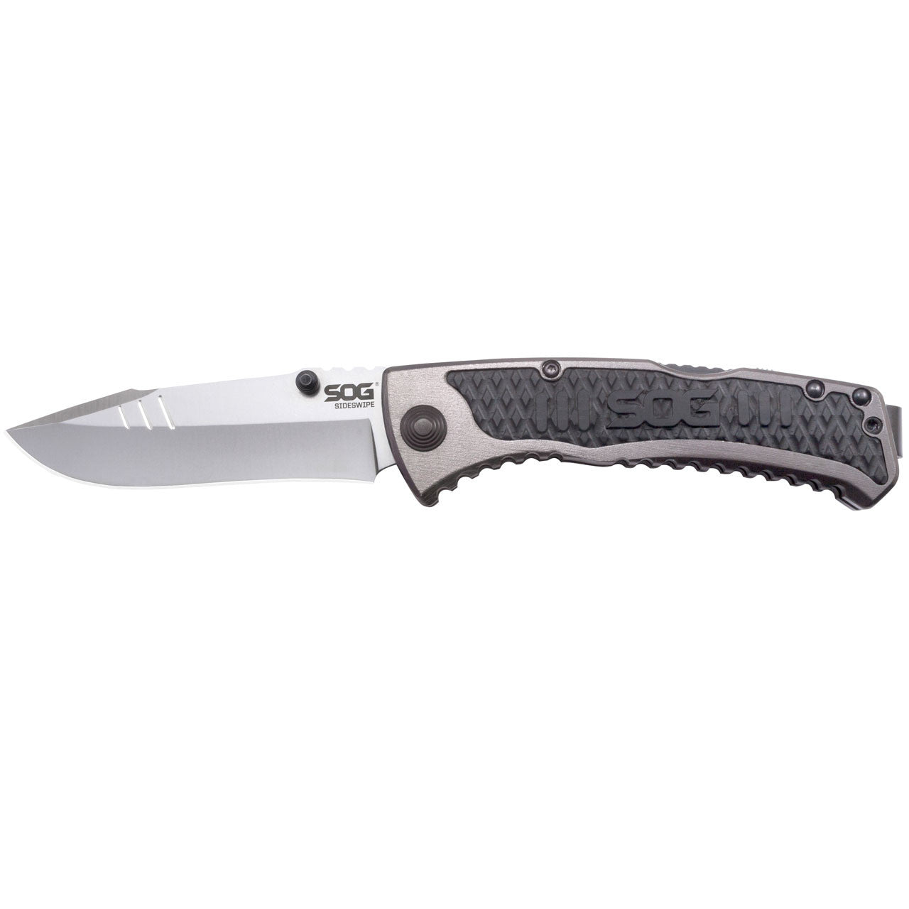 Sog Sideswipe Assisted Folding Knife 3.4" Clip Point Blade Aluminum Handles With Grn Inserts SOG