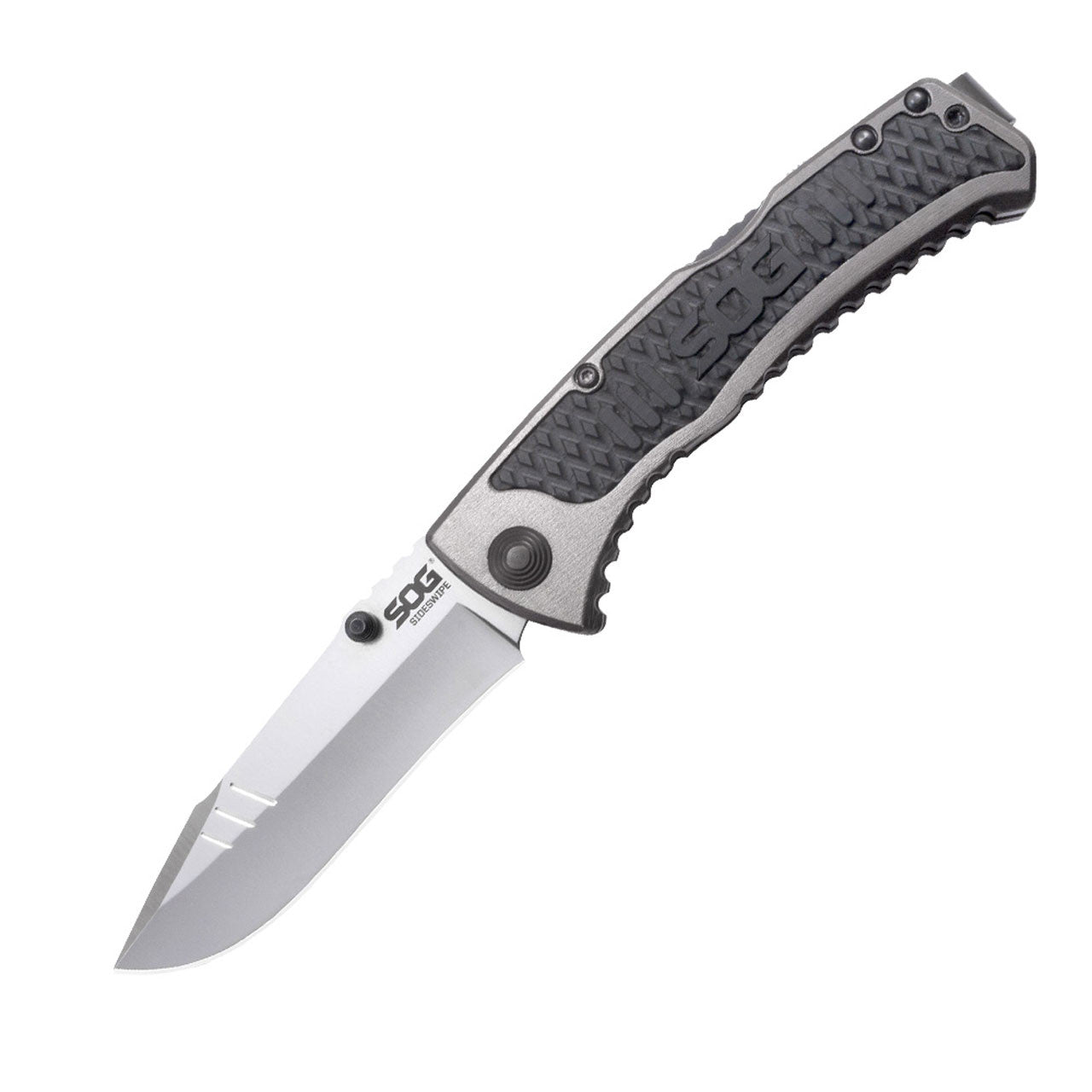 Sog Sideswipe Assisted Folding Knife 3.4" Clip Point Blade Aluminum Handles With Grn Inserts SOG