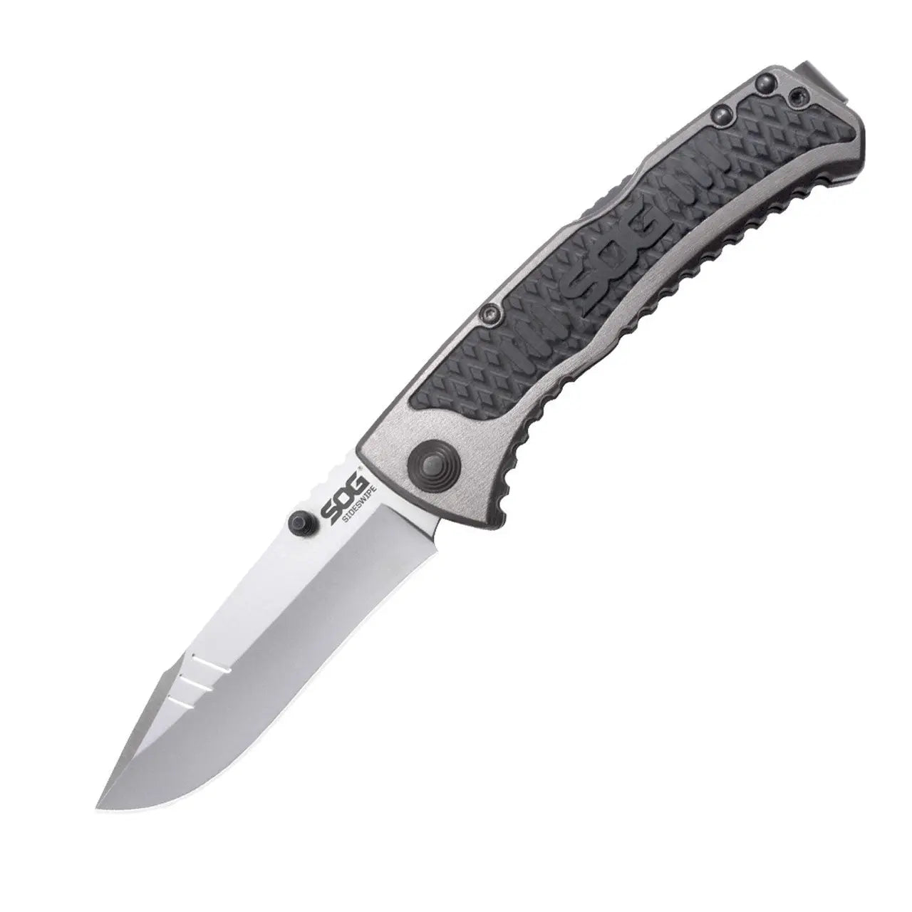 Sog Sideswipe Assisted Folding Knife 3.4" Clip Point Blade Aluminum Handles With Grn Inserts SOG