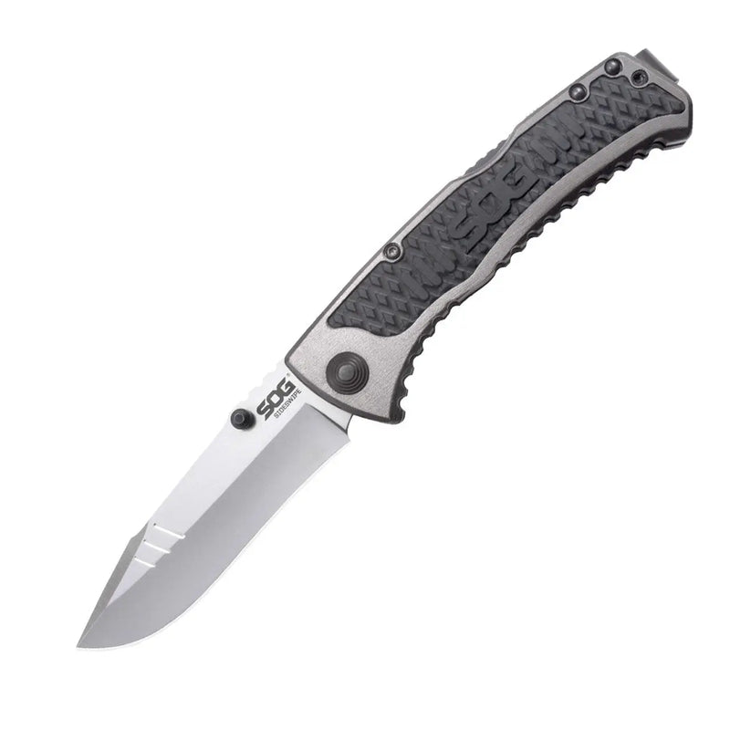 Sog Sideswipe Assisted Folding Knife 3.4" Clip Point Blade Aluminum Handles With Grn Inserts SOG