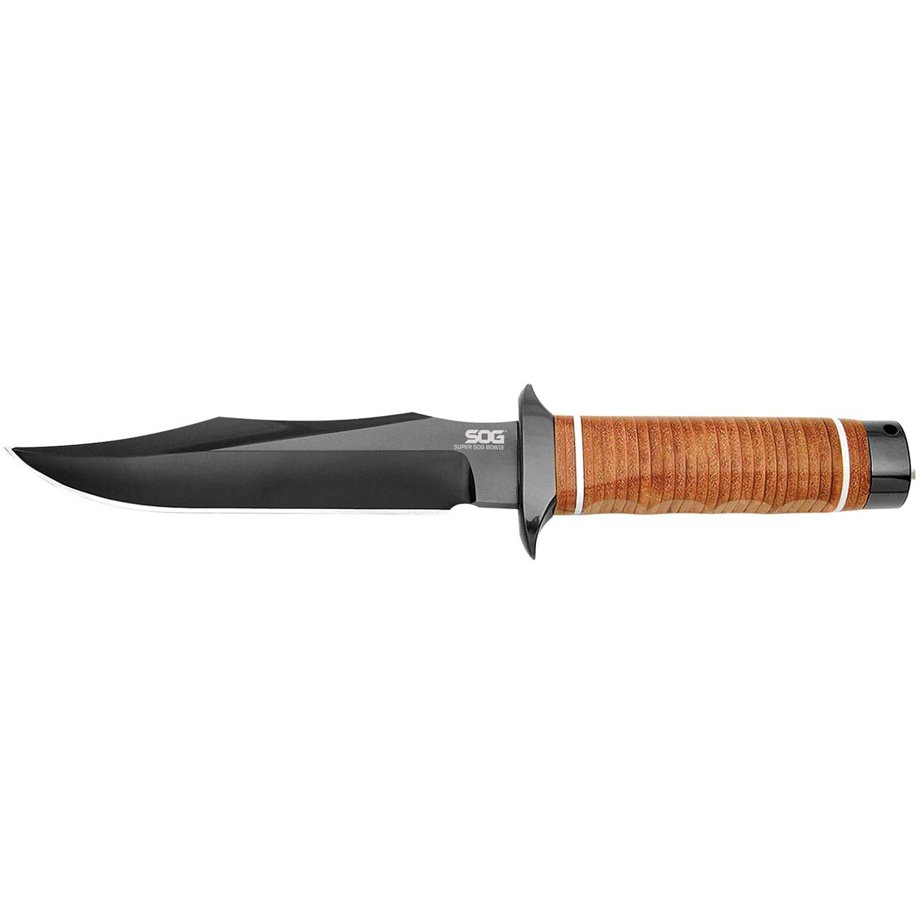Sog Super Bowie 7.5" Black Tini Fixed Blade Leather Handles Leather Sheath SOG