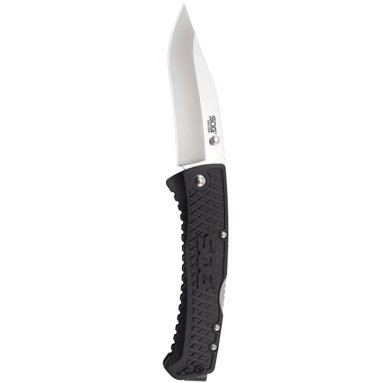 Sog Traction Folding Knife 3.5" Clip Point Plain Blade Black Grn Handles SOG