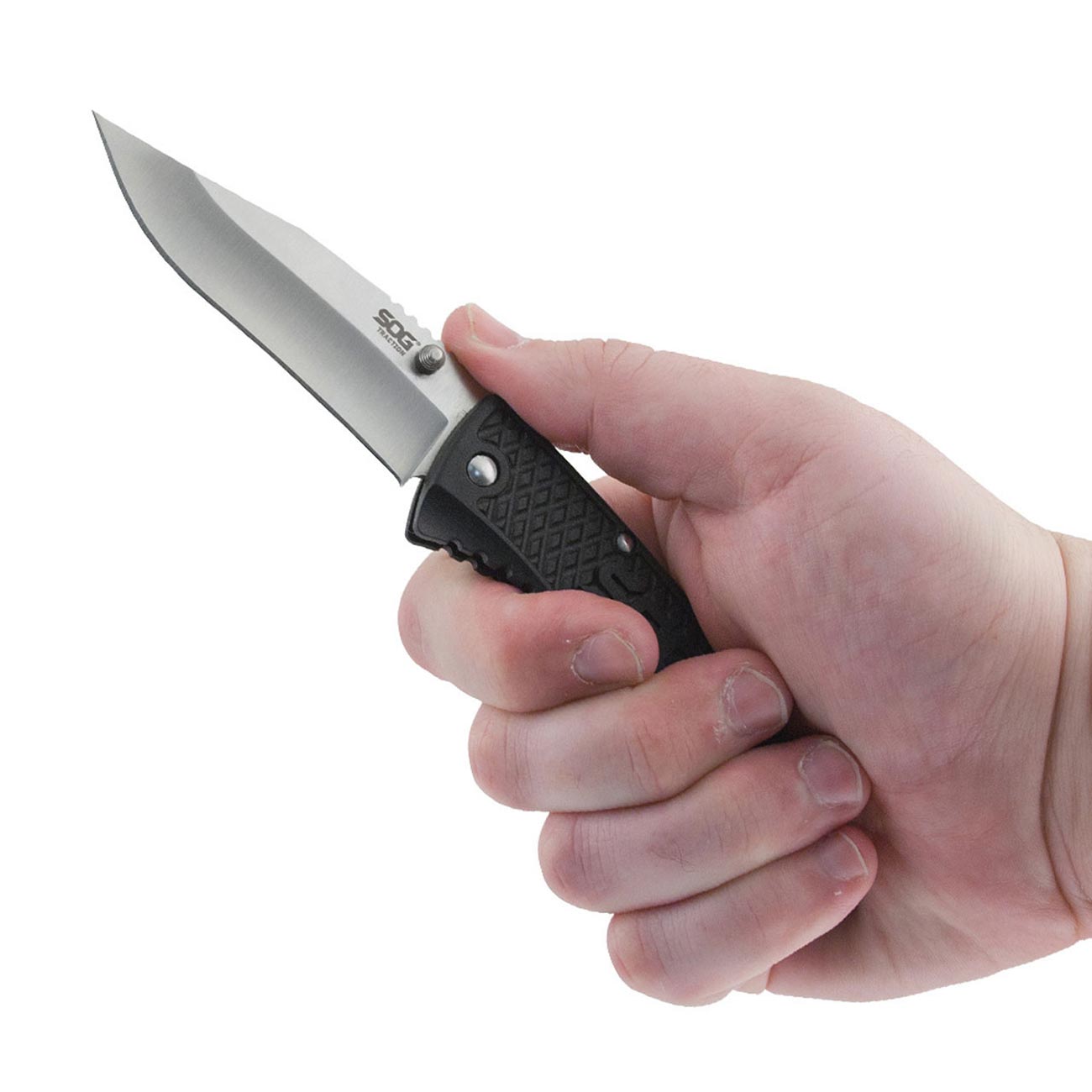 Sog Traction Folding Knife 3.5" Clip Point Plain Blade Black Grn Handles SOG