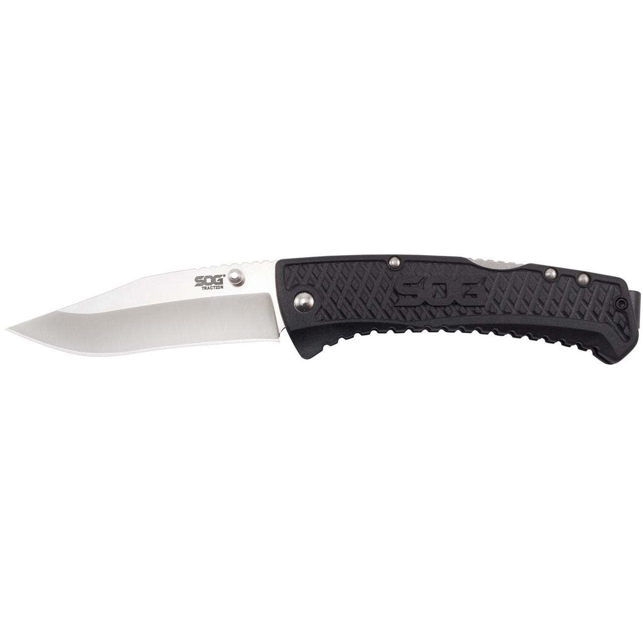 Sog Traction Folding Knife 3.5" Clip Point Plain Blade Black Grn Handles SOG