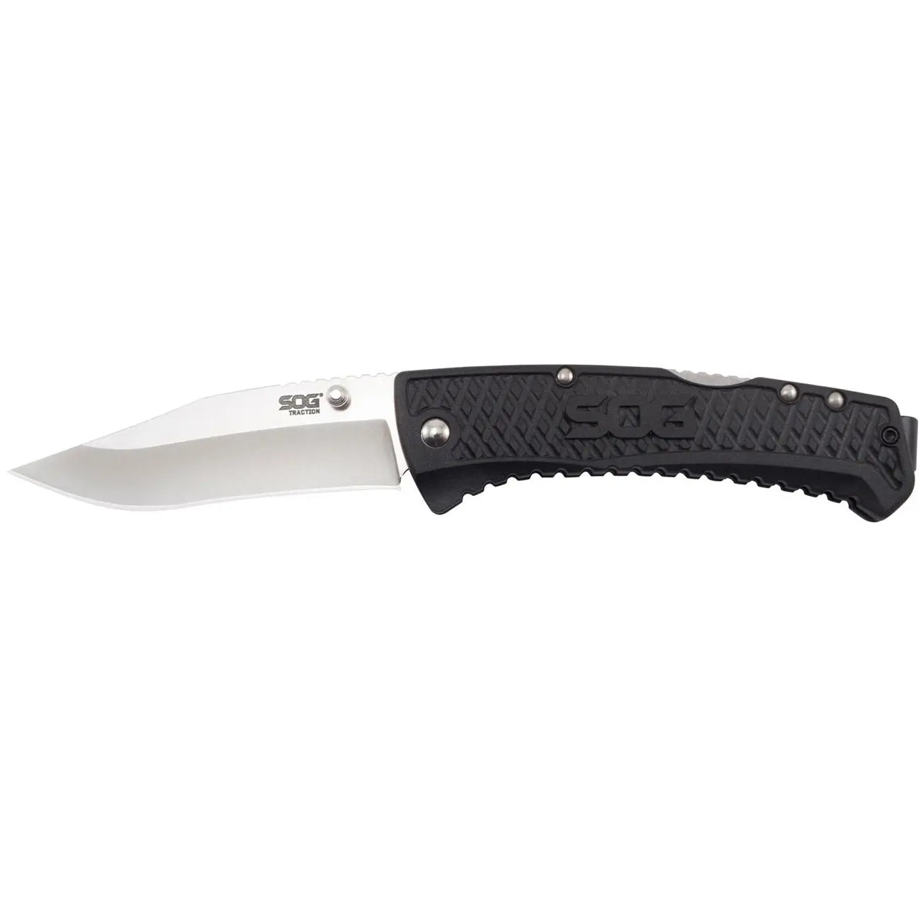 Sog Traction Folding Knife 3.5" Clip Point Plain Blade Black Grn Handles SOG