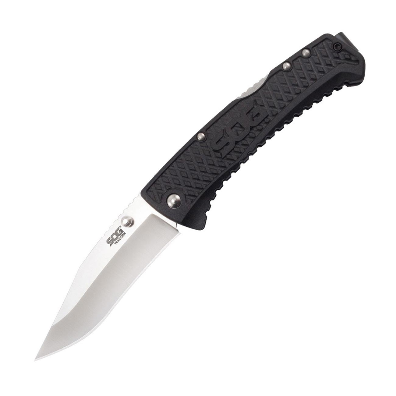 Sog Traction Folding Knife 3.5" Clip Point Plain Blade Black Grn Handles SOG