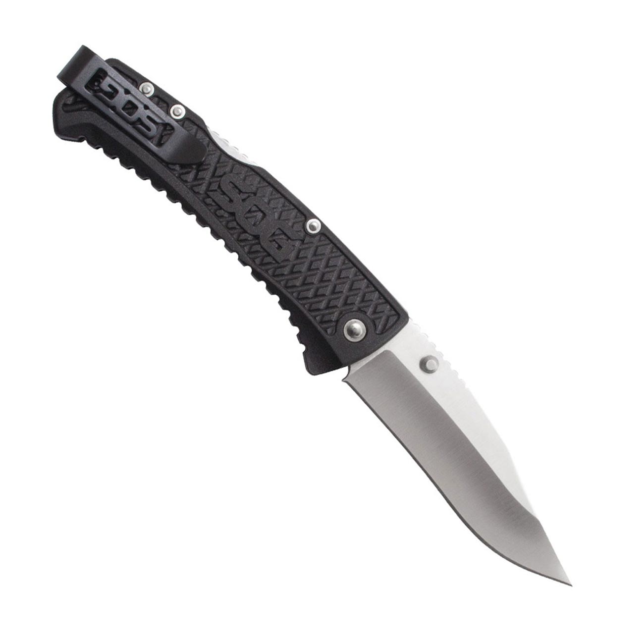 Sog Traction Folding Knife 3.5" Clip Point Plain Blade Black Grn Handles SOG