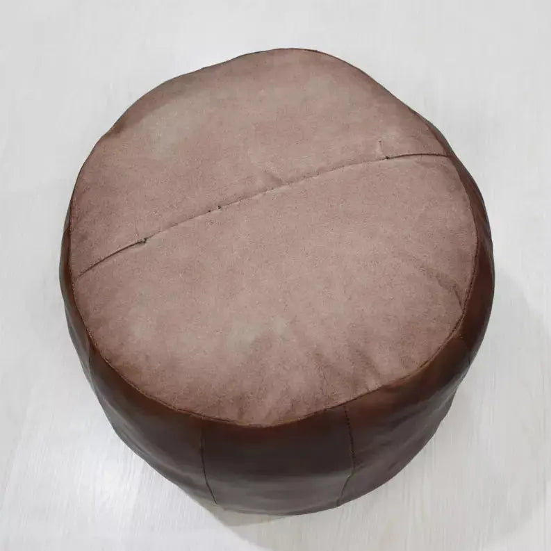 Solid Handmade Goat Leather Round Pouf (Recycled Cotton Fill) Get My Rugs LLC