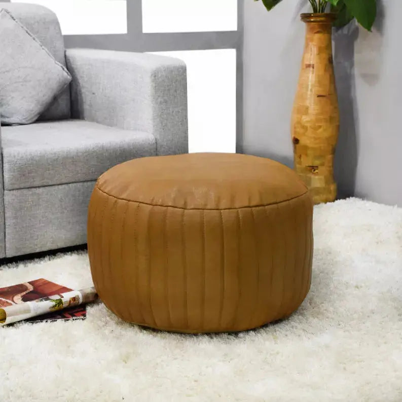 Solid Handmade Goat Leather Round Pouf (Recycled Cotton Fill) Get My Rugs LLC